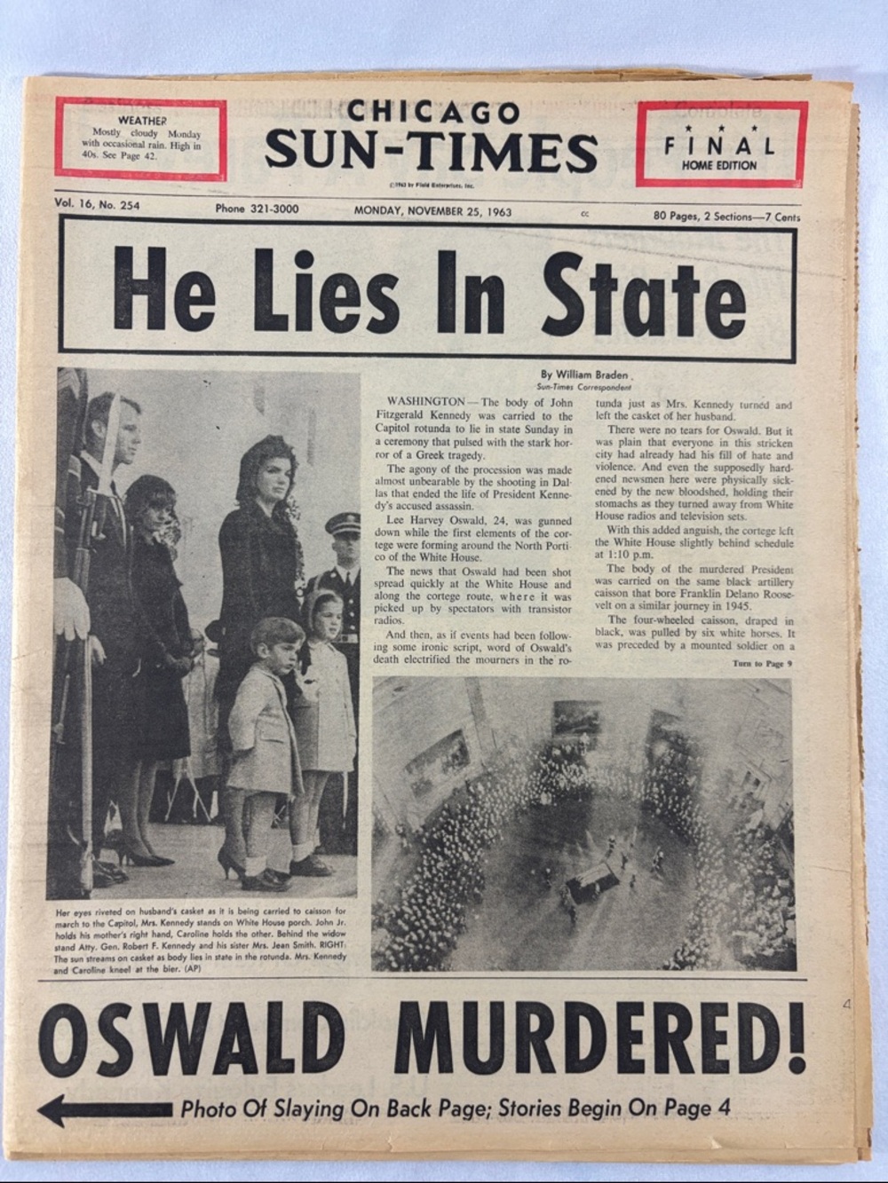 Vintage John F Lennedy Dies Chicago Sun-Times Newspaper **